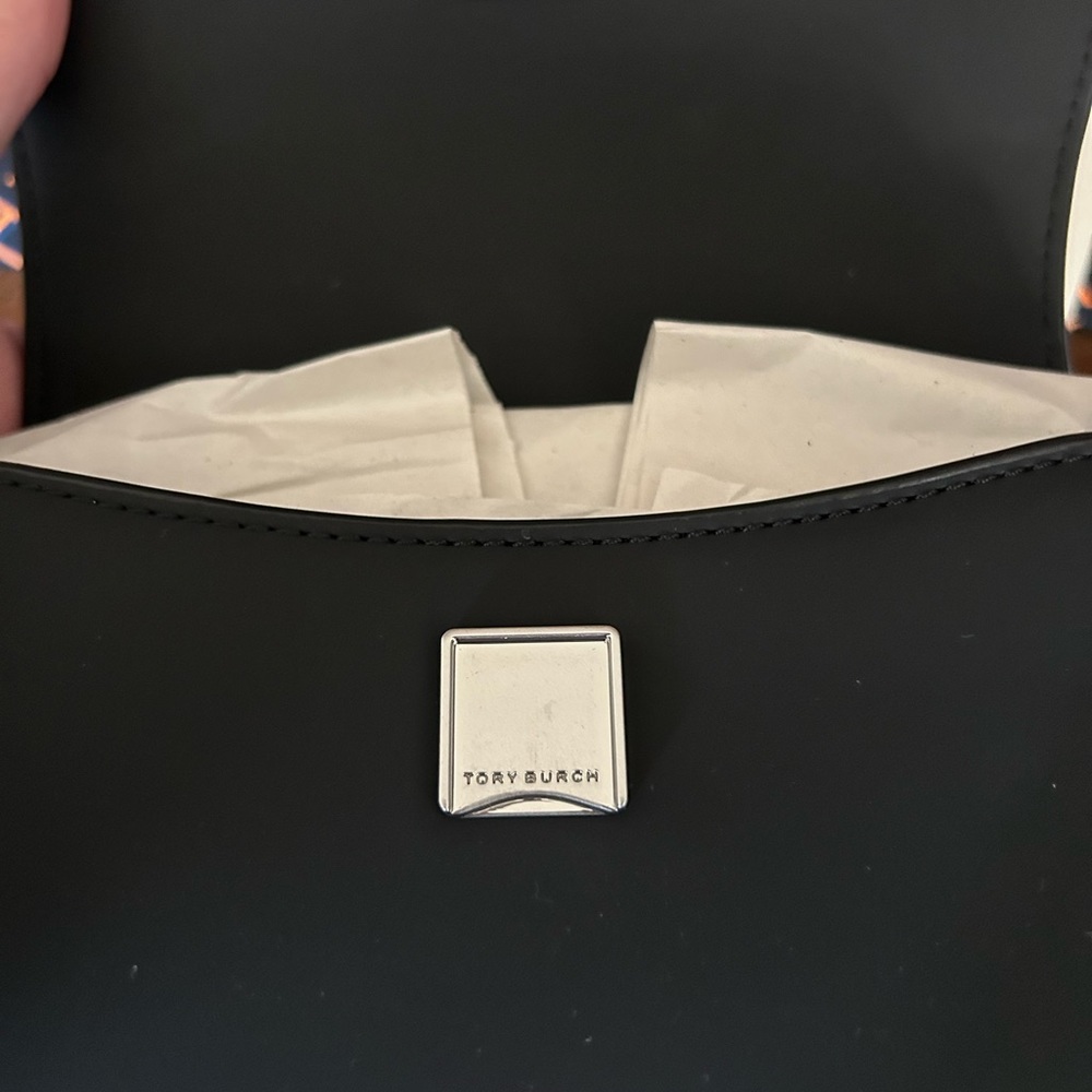 Tory Burch Britten Matte Mini Top Handle Crossbody Bag Black Silver - Picture 10 of 15